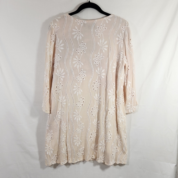 lulus eyelet lace wms lined mini dress 3/4 slv sz L ivory white aline boho hippy - Picture 4 of 11